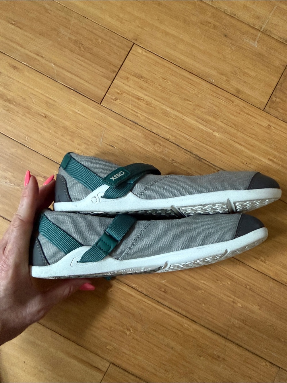 Gray Canvas Mary Jane Flats with Teal Insole and Strap - Picture 6 of 9
